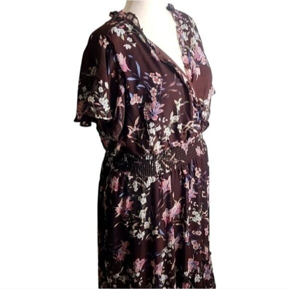 Lane Bryant Brown Floral Sleeve Flutter Bohemian Chiffon Maxi Dress Size 22/24W - Picture 10 of 13